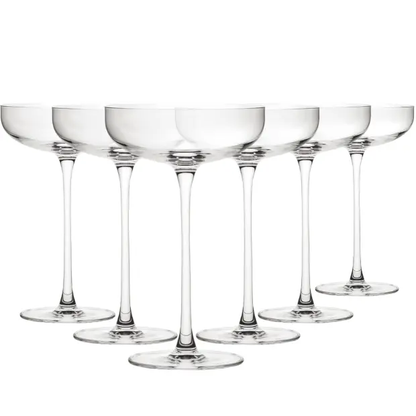 Set of six Savage Coupe Glasses by Glassware UK, 220ml cocktail glasses with a sleek, clear design and elegant shape.