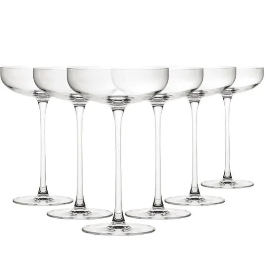 Set of six Savage Coupe Glasses by Glassware UK, 220ml cocktail glasses with a sleek, clear design and elegant shape.