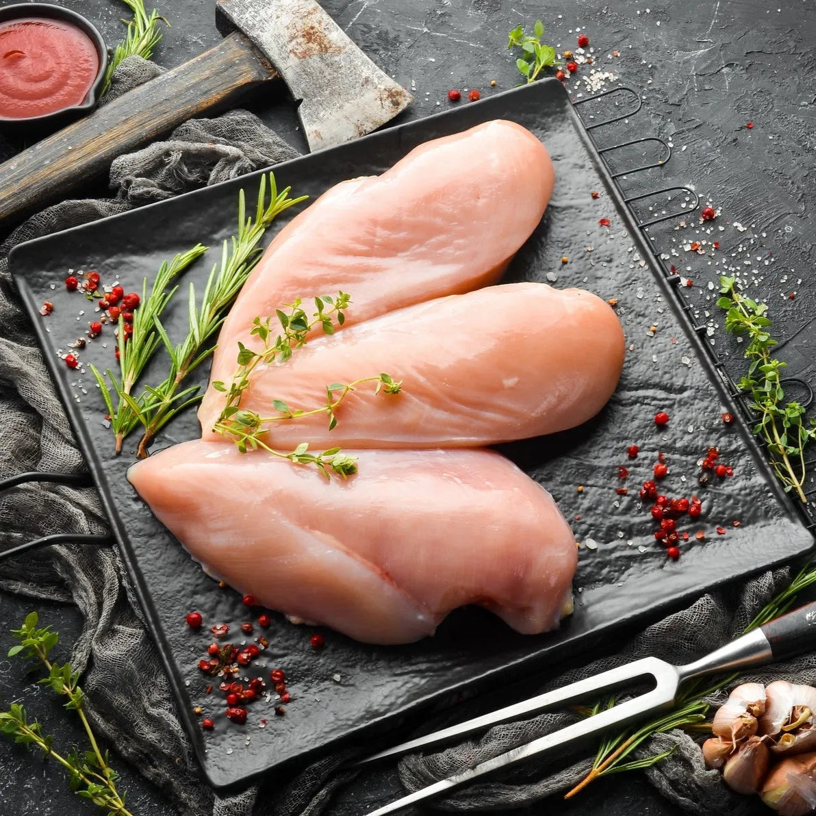 Fresh free-range chicken breast fillets from Primrose Herd, neatly arranged on a white surface.