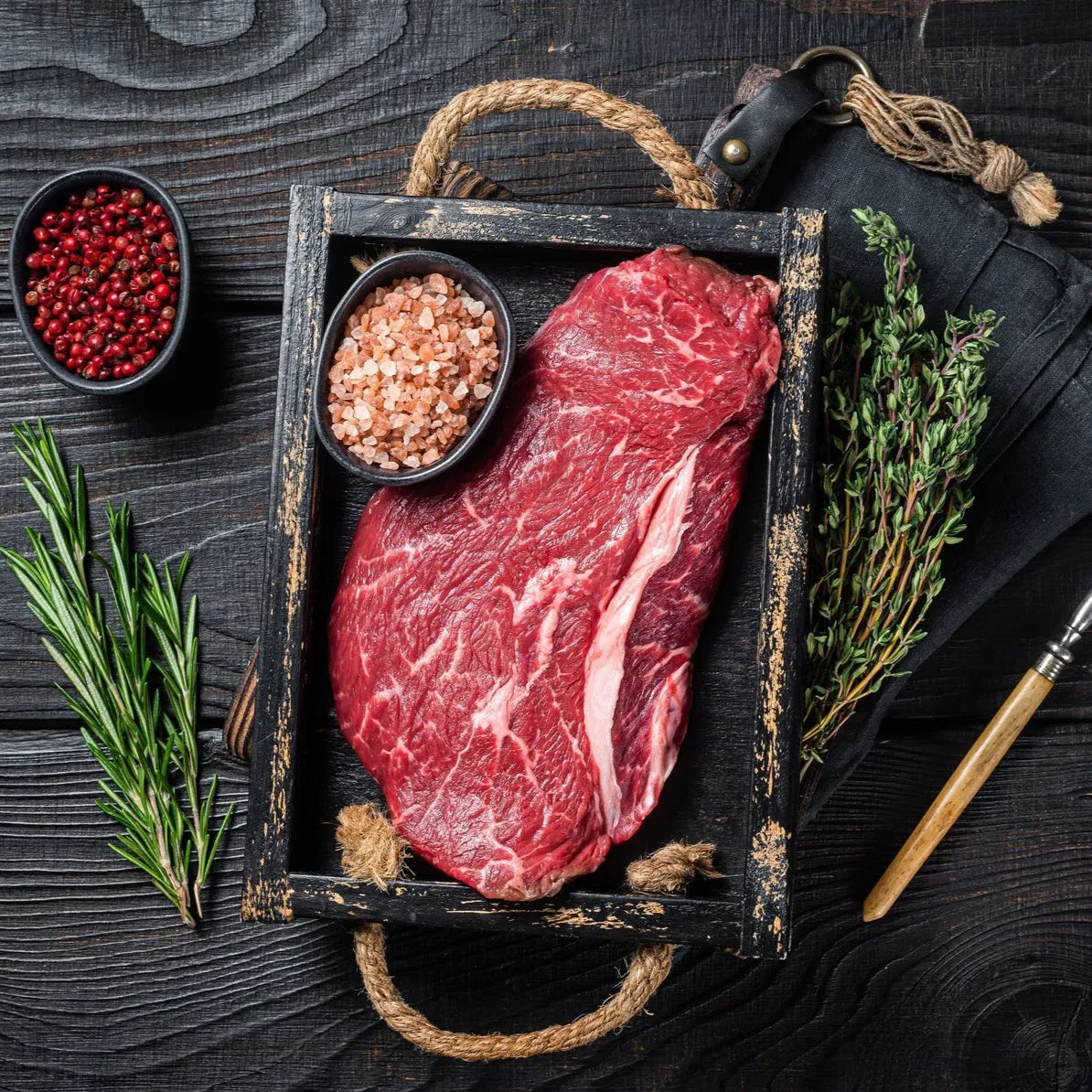 Dry aged beef rump steak from Primrose Herd, 500g, showing a marbled beef cut ready for cooking.