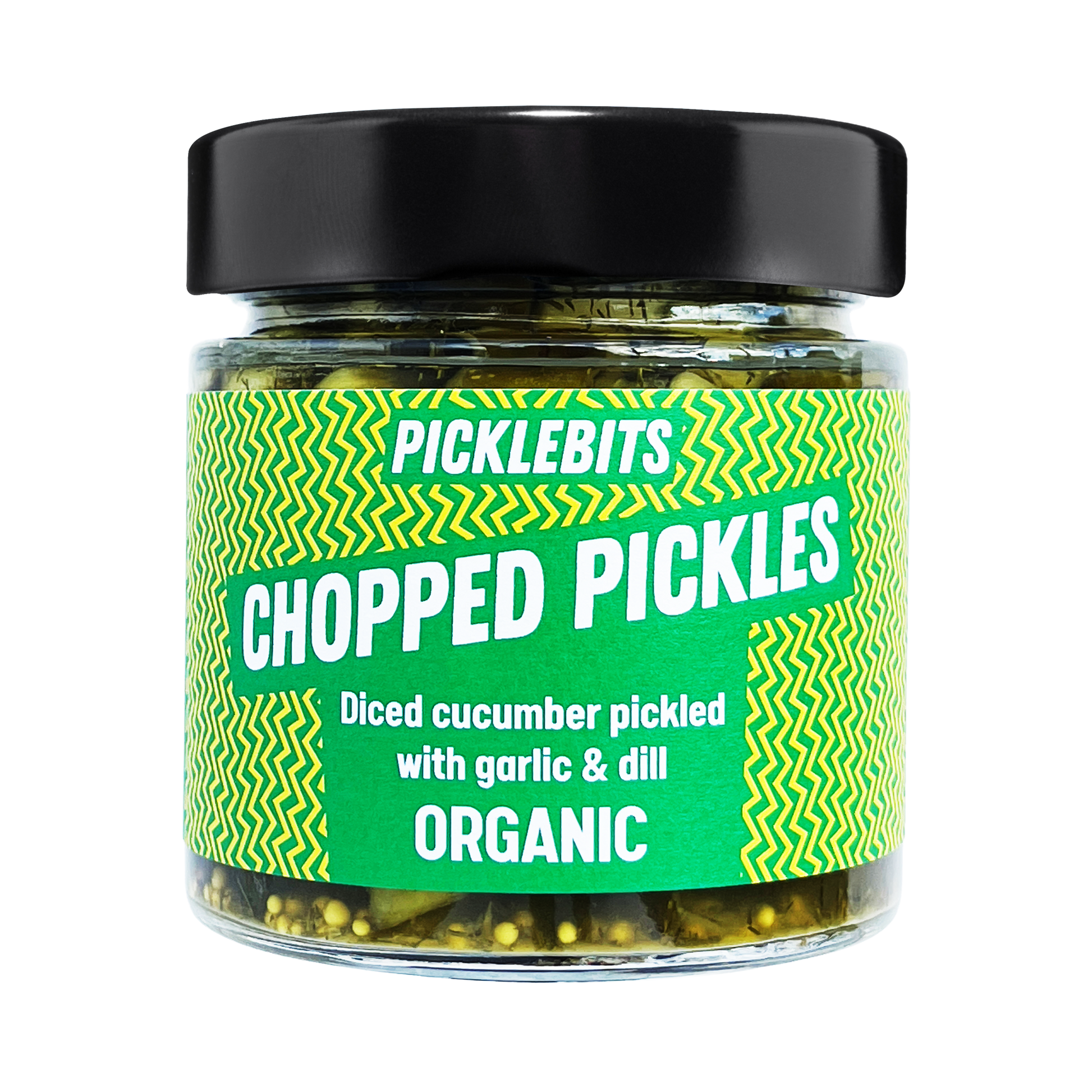 Organic chopped dill pickles by PICKLEBITS in a jar, showing fresh cucumber pieces with dill herbs and a tangy pickle liquid.