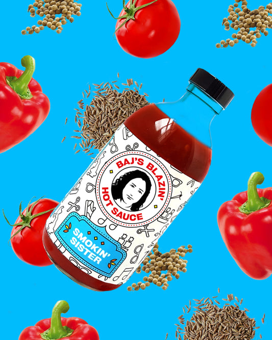 Bajs Blazin’ Hot Sauce Artisan Smokin' Sister hot sauce bottle, 300ml, with fiery red label and spicy flavor indication.