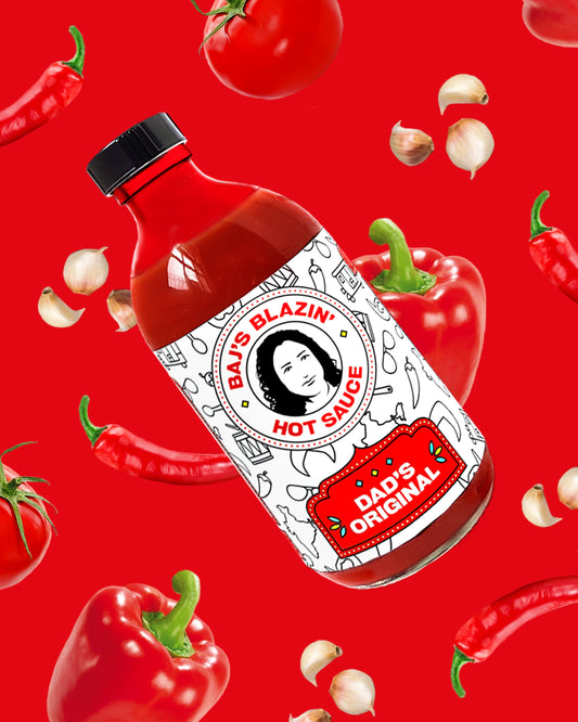 Bajs Blazin’ Hot Sauce Dad's Original artisan hot sauce in a 300ml bottle, featuring vibrant label and fiery flavor.