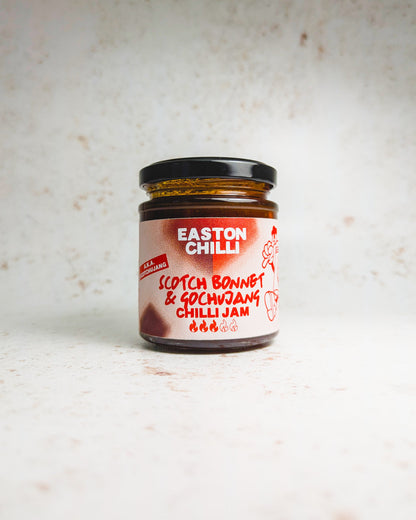 Easton Chilli Scotch Bonnet and Gochujang Chilli Jam jar with vibrant red chili jam visible inside.