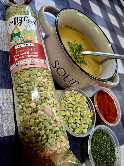 Crafty Cook Easy Meals family plan featuring a pea and smoky bacon flavored soup in a bowl with fresh ingredients.