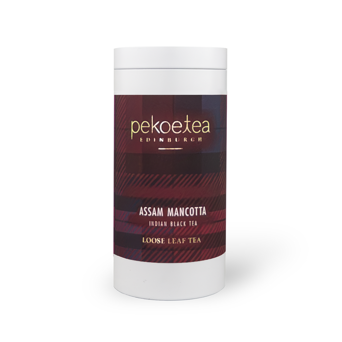 PekoeTea Edinburgh Mancotta Assam tea in a decorative caddy, showing the tea package with branding and design details.