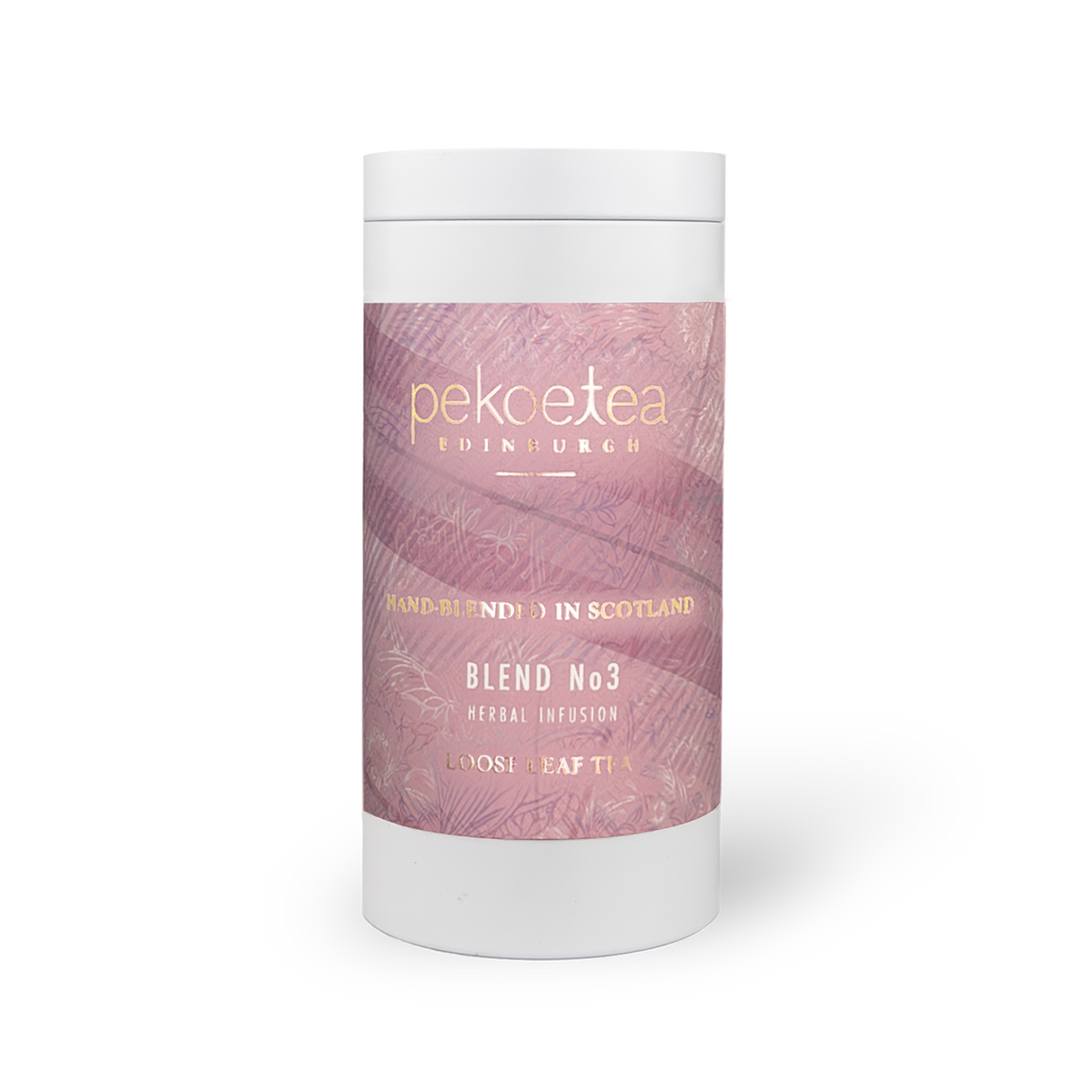 PekoeTea Edinburgh Blend No. 3 tea in a decorative tin caddy with a label, showcasing the premium tea packaging and branding.