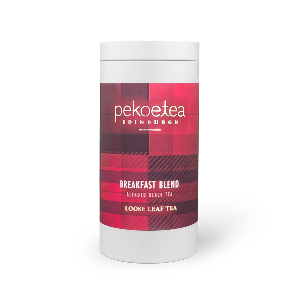 PekoeTea Edinburgh Breakfast Blend tea in a decorative caddy, showcasing a box with the tea branding and packaging details.
