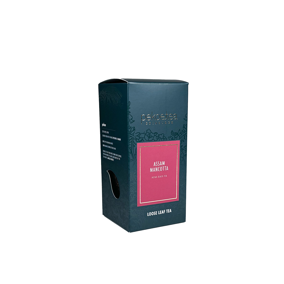 Box of PekoeTea Edinburgh Mancotta Assam tea, featuring a colorful packaging design with tea leaves and branding.