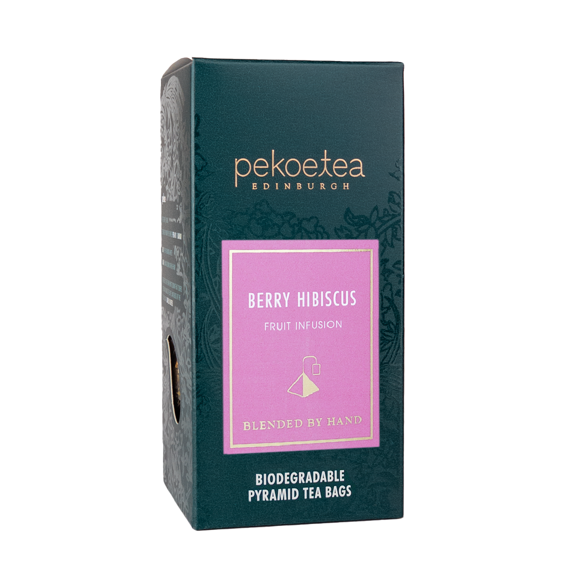 Loose box of PekoeTea Edinburgh Berry Hibiscus Fruit Infusion tea with dried berries and hibiscus flowers.