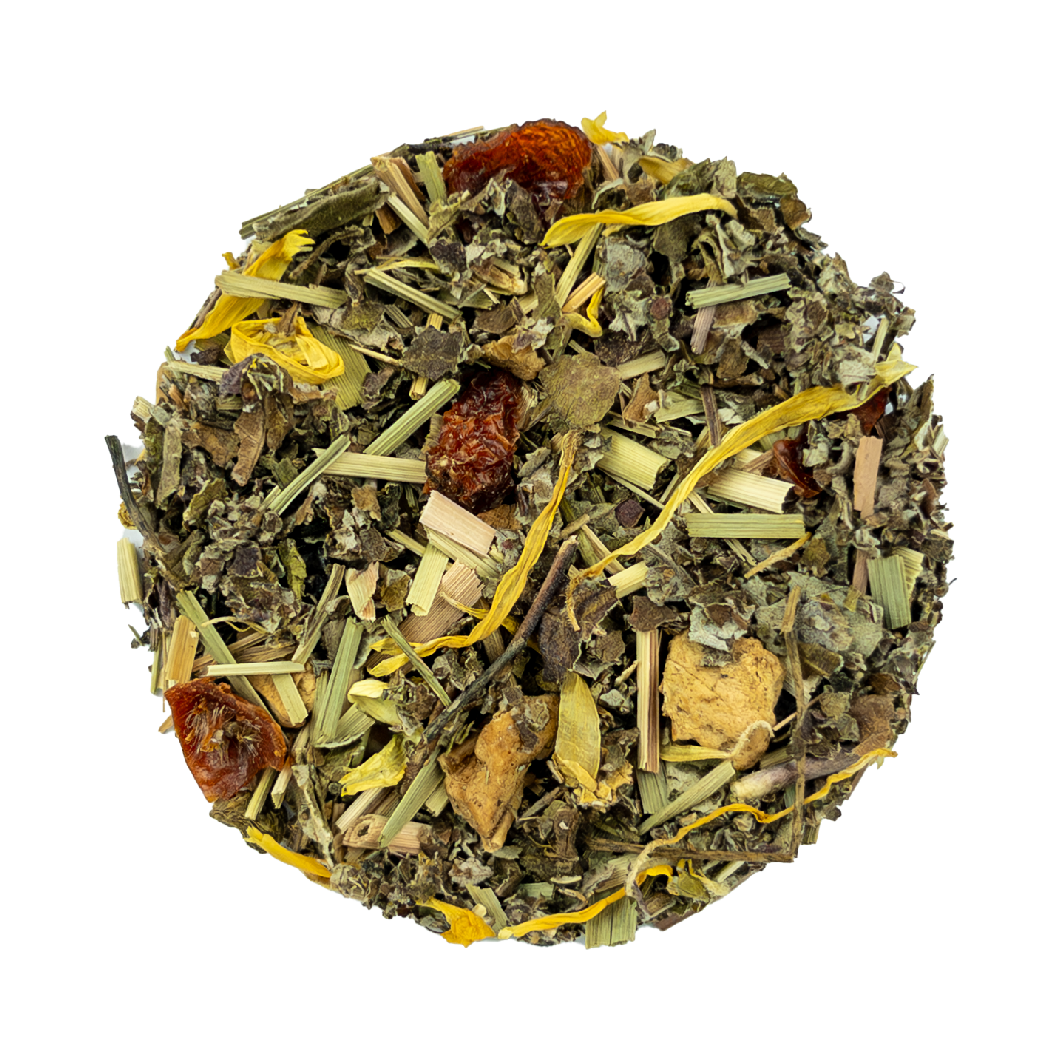 Bright image of PekoeTea Edinburgh Blend No. 3 tea leaves in a clear container, showcasing the loose tea's rich, aromatic leaves.