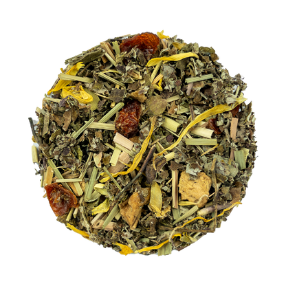 Bright image of PekoeTea Edinburgh Blend No. 3 tea leaves in a clear container, showcasing the loose tea's rich, aromatic leaves.
