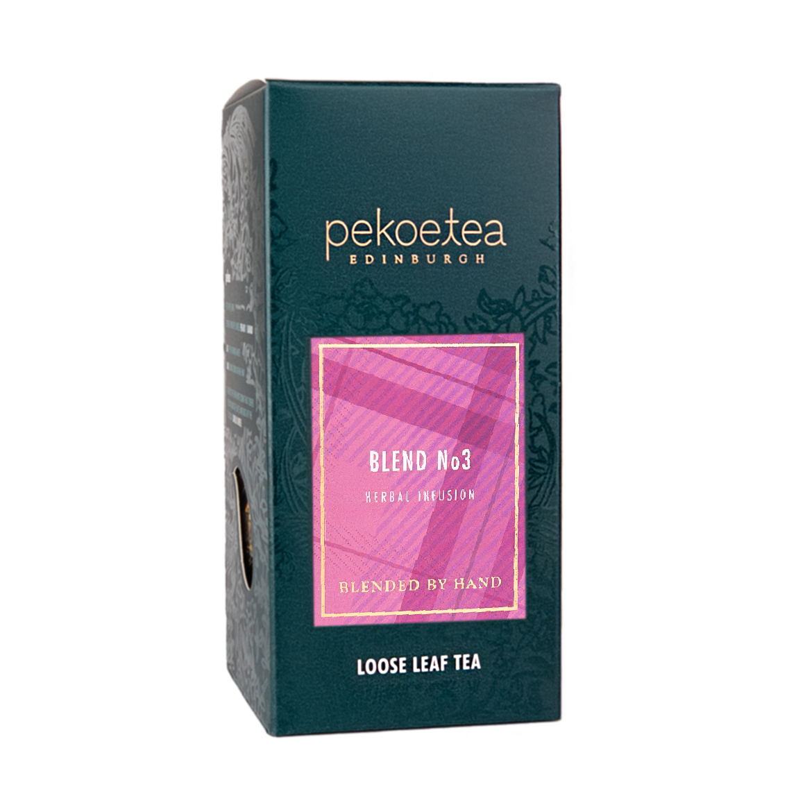 Loose tea box of PekoeTea Edinburgh Blend No. 3, featuring the tea's packaging with a focus on the branding and product details.