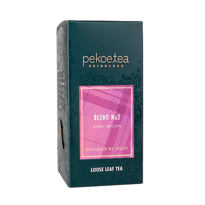 Loose tea box of PekoeTea Edinburgh Blend No. 3, featuring the tea's packaging with a focus on the branding and product details.