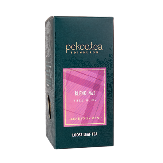 Loose tea box of PekoeTea Edinburgh Blend No. 3, featuring the tea's packaging with a focus on the branding and product details.