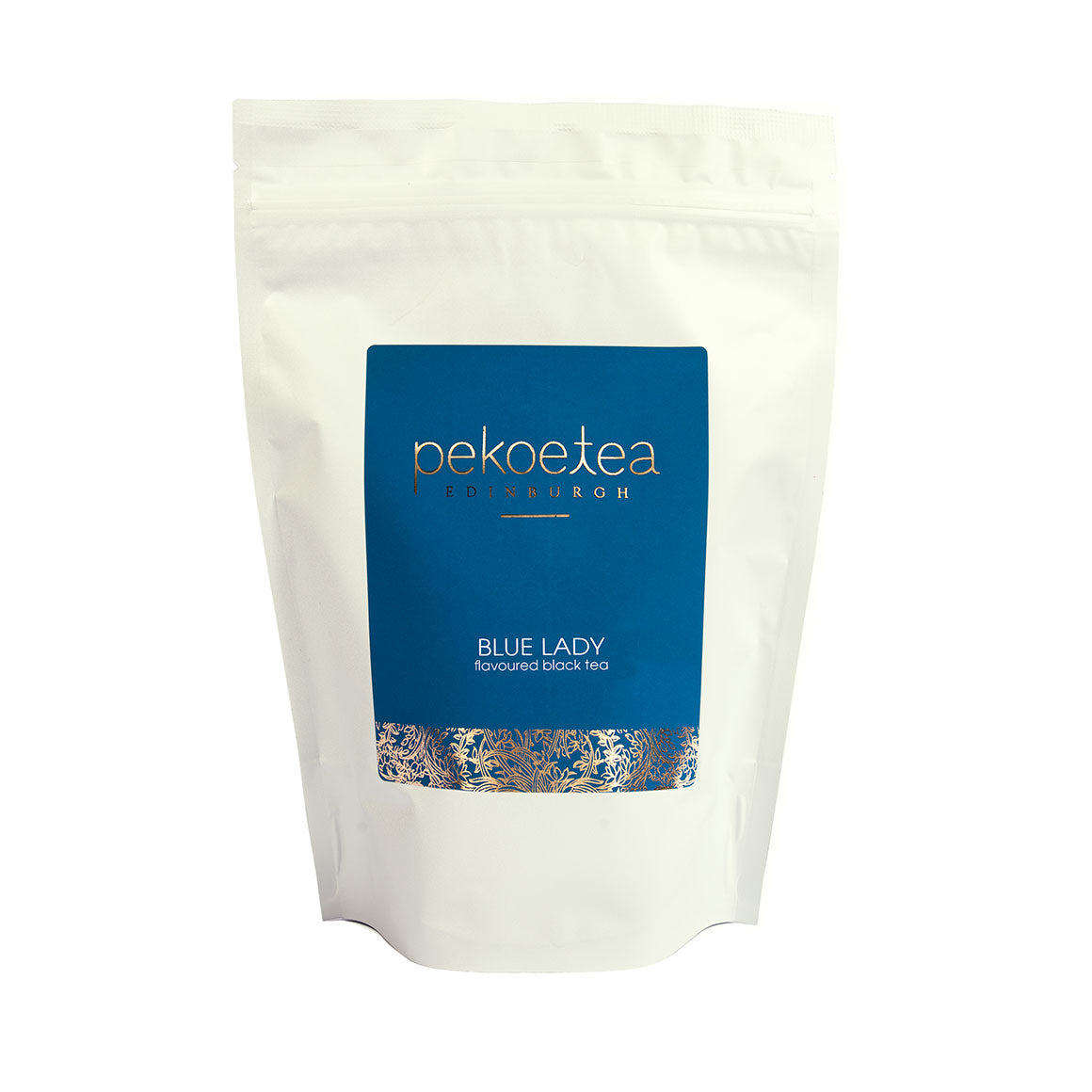 Blue Lady flavoured black tea in a resealable PekoeTea Edinburgh pouch, showcasing vibrant blue and black tea leaves.