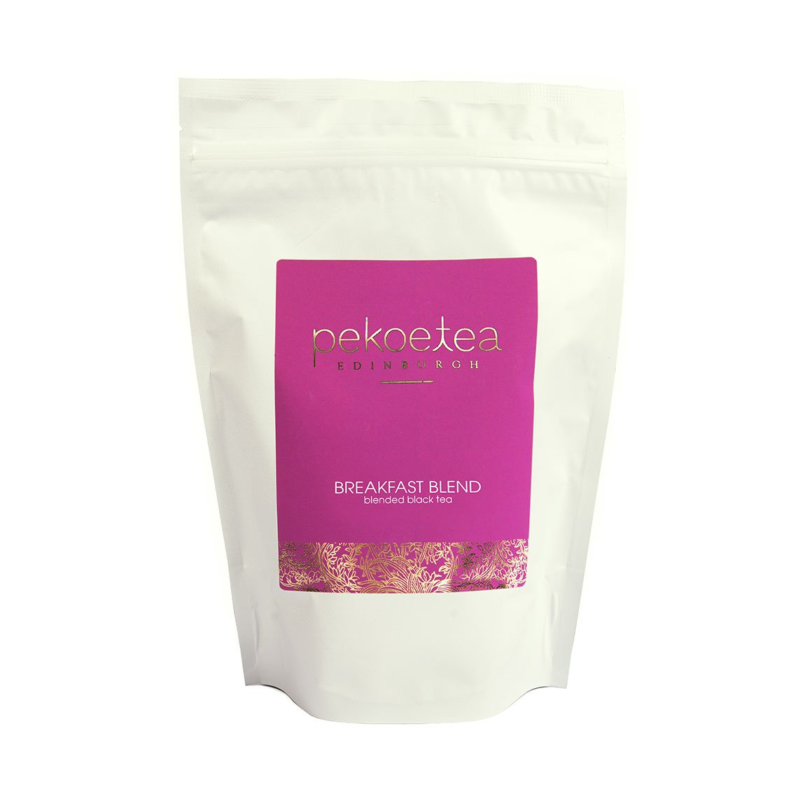 PekoeTea Edinburgh Breakfast Blend tea in a 250g resealable pouch, showcasing the tea leaves and packaging.
