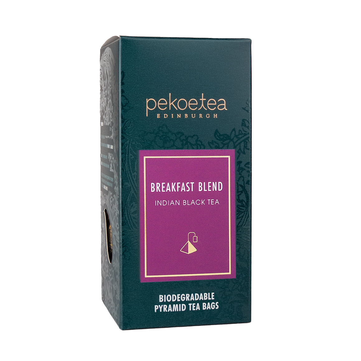 Box of PekoeTea Edinburgh Breakfast Blend Tea bags showing a colorful box with individual tea bags inside.