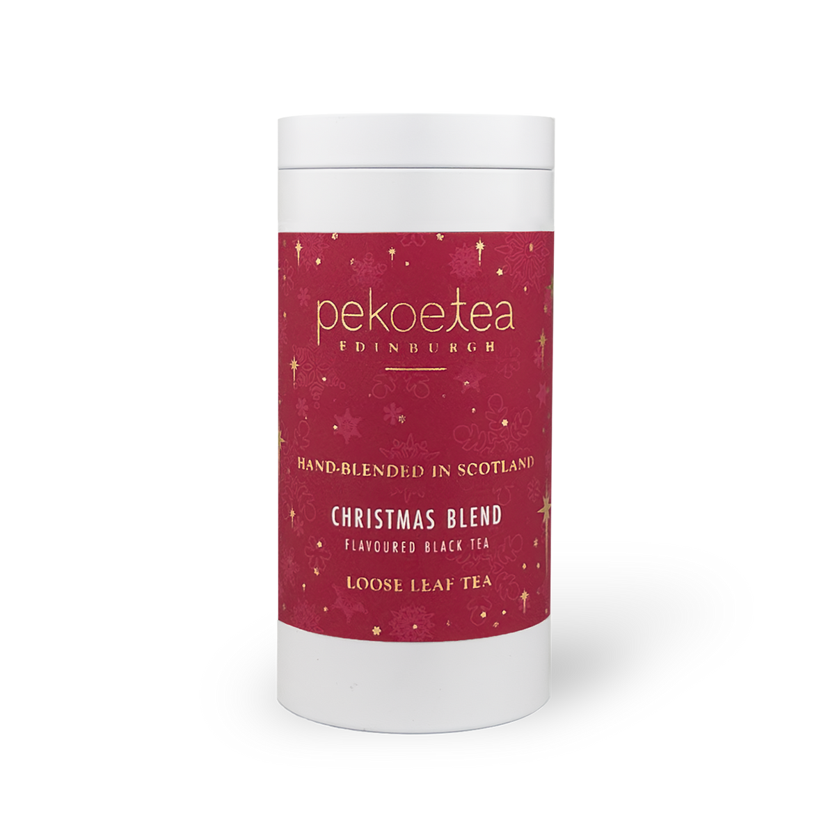 PekoeTea Edinburgh Christmas Blend tea caddy featuring festive holiday packaging and the Christmas-themed tea blend.