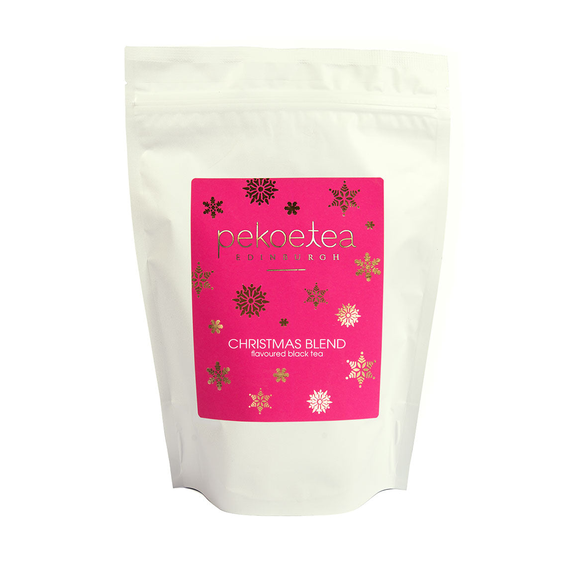 PekoeTea Edinburgh Christmas Blend black tea in resealable pouch, featuring festive holiday packaging.