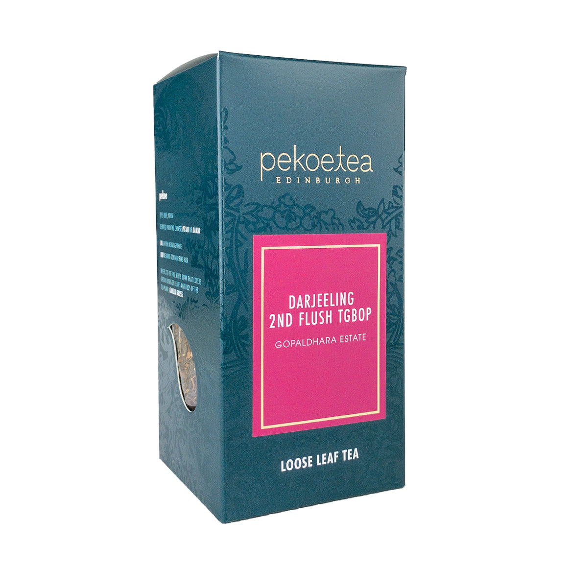Box of Gopaldhara TGBOP Second Flush Darjeeling tea by PekoeTea Edinburgh, showcasing a neatly packaged tea box.