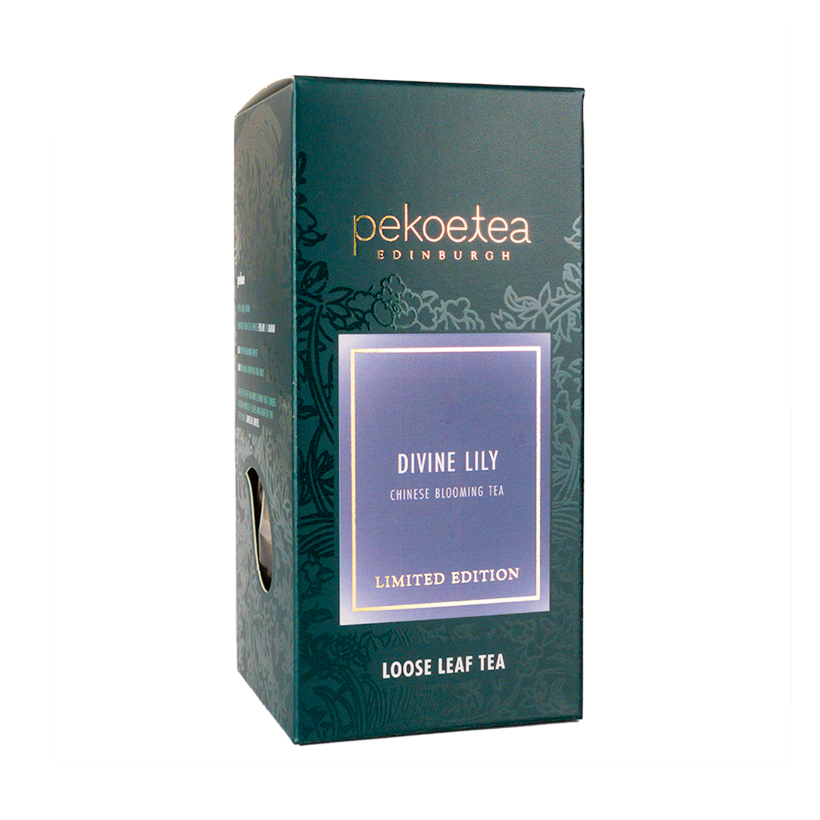Box of PekoeTea Edinburgh Divine Lily Blooming Tea featuring a beautifully crafted tea box with blooming lily tea inside