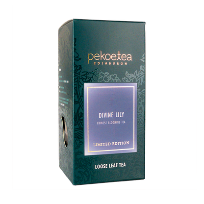 Box of PekoeTea Edinburgh Divine Lily Blooming Tea featuring a beautifully crafted tea box with blooming lily tea inside