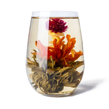 Glass of Divine Lily Blooming Tea by PekoeTea Edinburgh showcasing a blooming lily blossom inside a clear teapot.