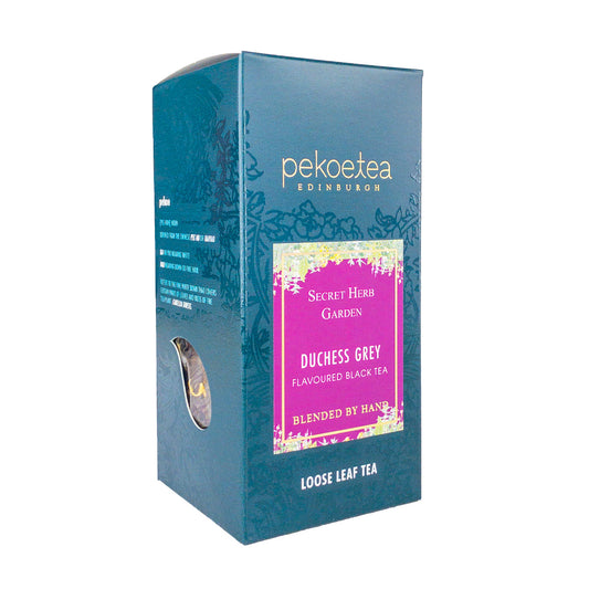 Box of PekoeTea Edinburgh Duchess Grey tea with elegant packaging, featuring the tea brand and a sophisticated design.