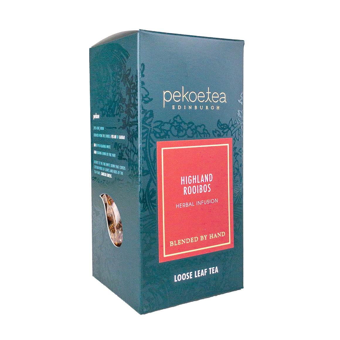 Box of PekoeTea Edinburgh Highland Rooibos tea with a colorful label, showcasing a premium herbal tea product in a rectangular box.