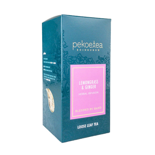 Box of PekoeTea Edinburgh Lemongrass and Ginger tea, featuring a colorful packaging design with tea bags inside.