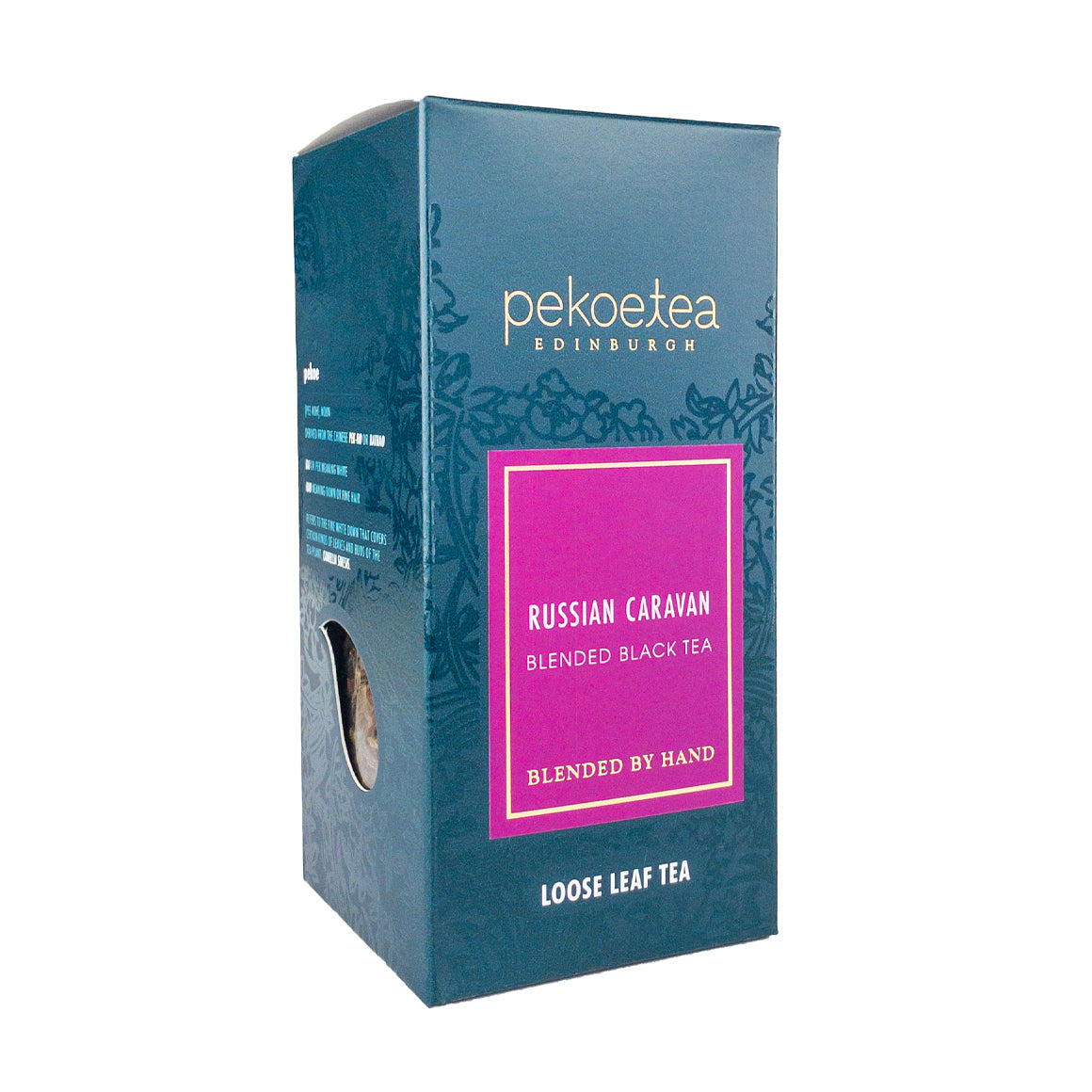 Box of PekoeTea Edinburgh Russian Caravan tea in a decorative packaging, showcasing the tea blend and branding.