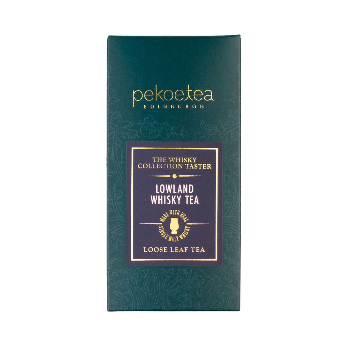 Loose leaf Whisky Tea Lowland Blend by PekoeTea Edinburgh, featuring rich tea leaves with whisky-infused aroma and flavor.