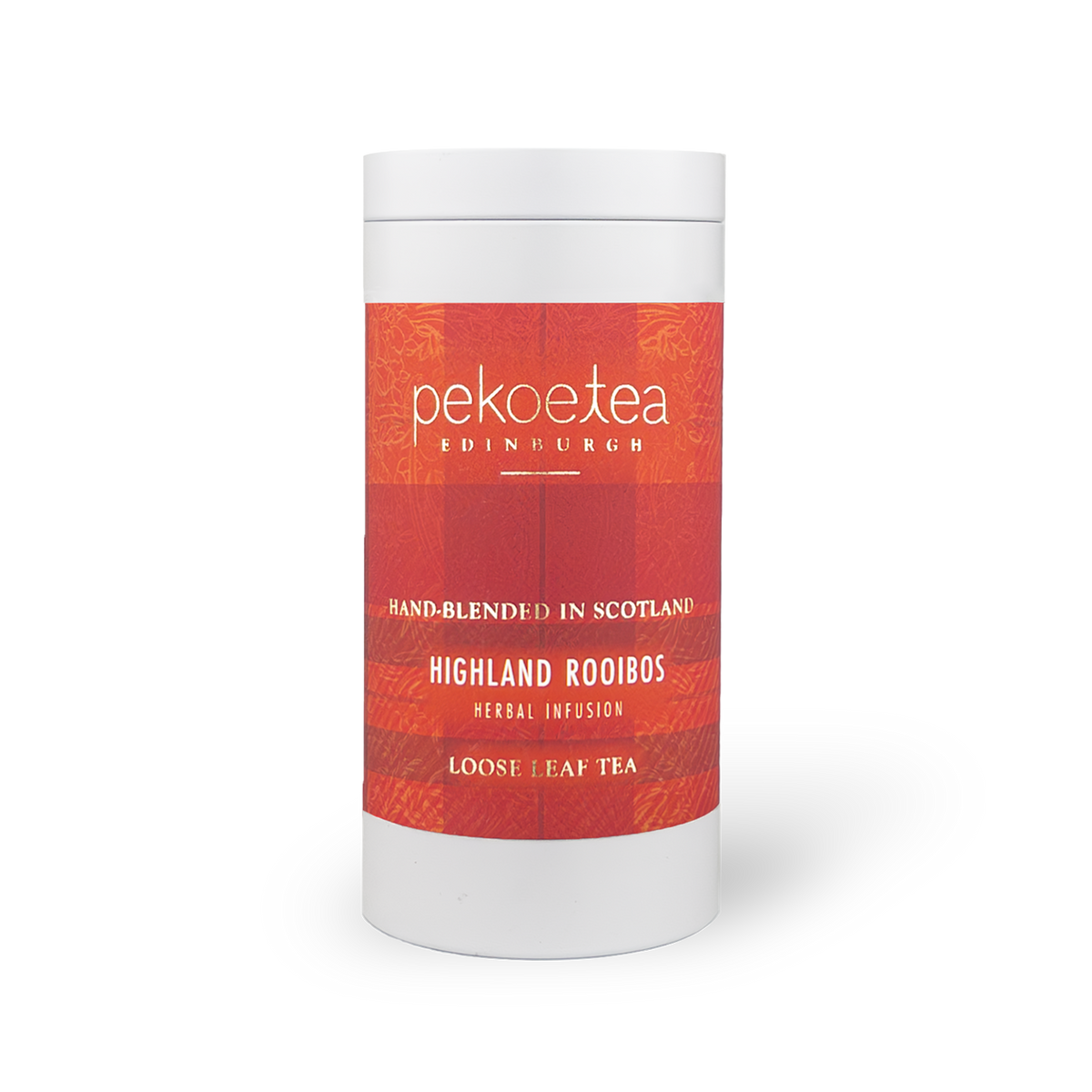 PekoeTea Edinburgh Highland Rooibos tea in a decorative caddy, featuring dried rooibos leaves and packaging with Scottish Highland imagery.
