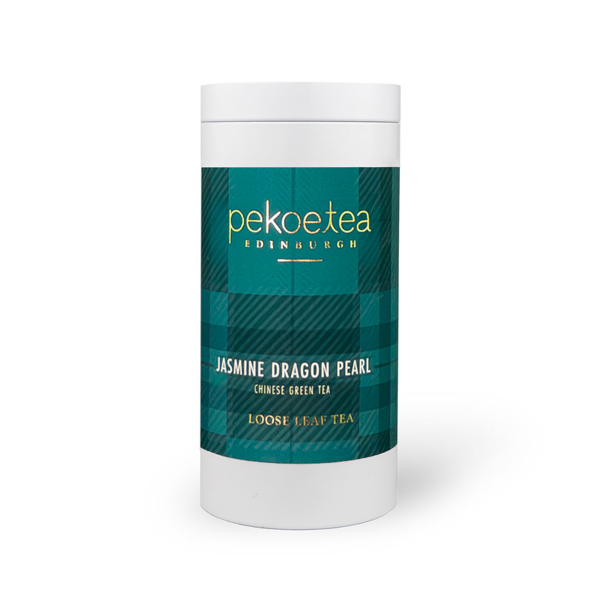 PekoeTea Edinburgh Jasmine Dragon Pearl green tea in a decorative caddy with tightly rolled green tea pearls and jasmine blossoms.