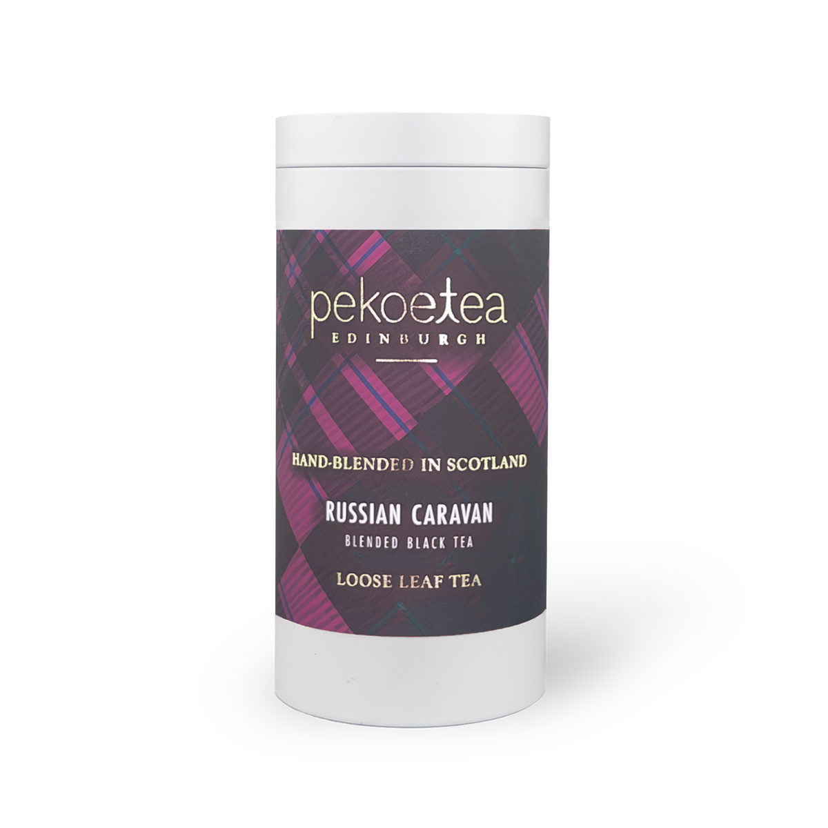 Russian Caravan tea in a PekoeTea Edinburgh caddy, showcasing the aromatic tea blend and elegant packaging.