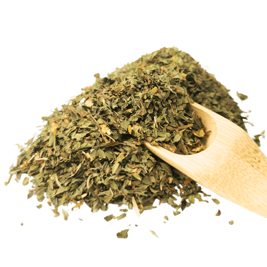 Porter Hill Tea Company spearmint herbal tea in a tea bag, vibrant green mint leaves, and fresh aroma.