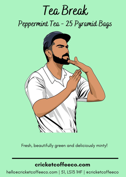 Clubhouse Roastery Peppermint Tea in a branded tea label, featuring fresh peppermint leaves and a calming tea scene.