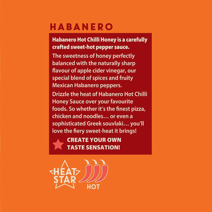 Hot Star Honey Chilli Honey set with habanero label, featuring spicy chili-infused honey in a clear jar.
