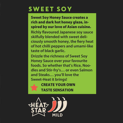 Close-up of Hot Star Honey Chilli & Black Garlic Sweet Soy sauce label showing ingredients and Asian-inspired flavor profile.