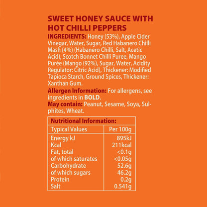 Habanero hot chili honey bottle with label, showing nutritional info and spicy chili peppers from Hot Star Honey.