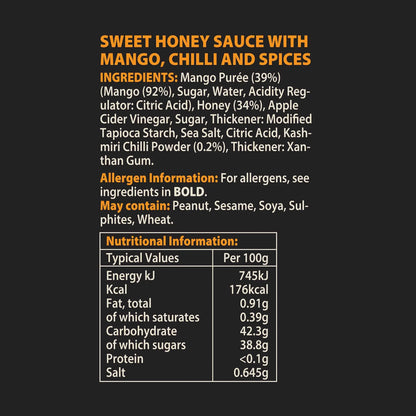 Asian-inspired Mango Chilli Honey Sauce by Hot Star Honey, featuring a label with nutritional information on the bottle.