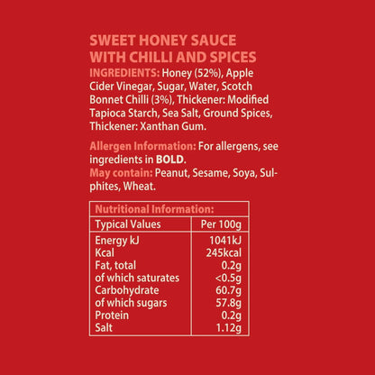 Scotch bonnet chilli honey bottle from Hot Star Honey with nutritional label visible on the packaging.