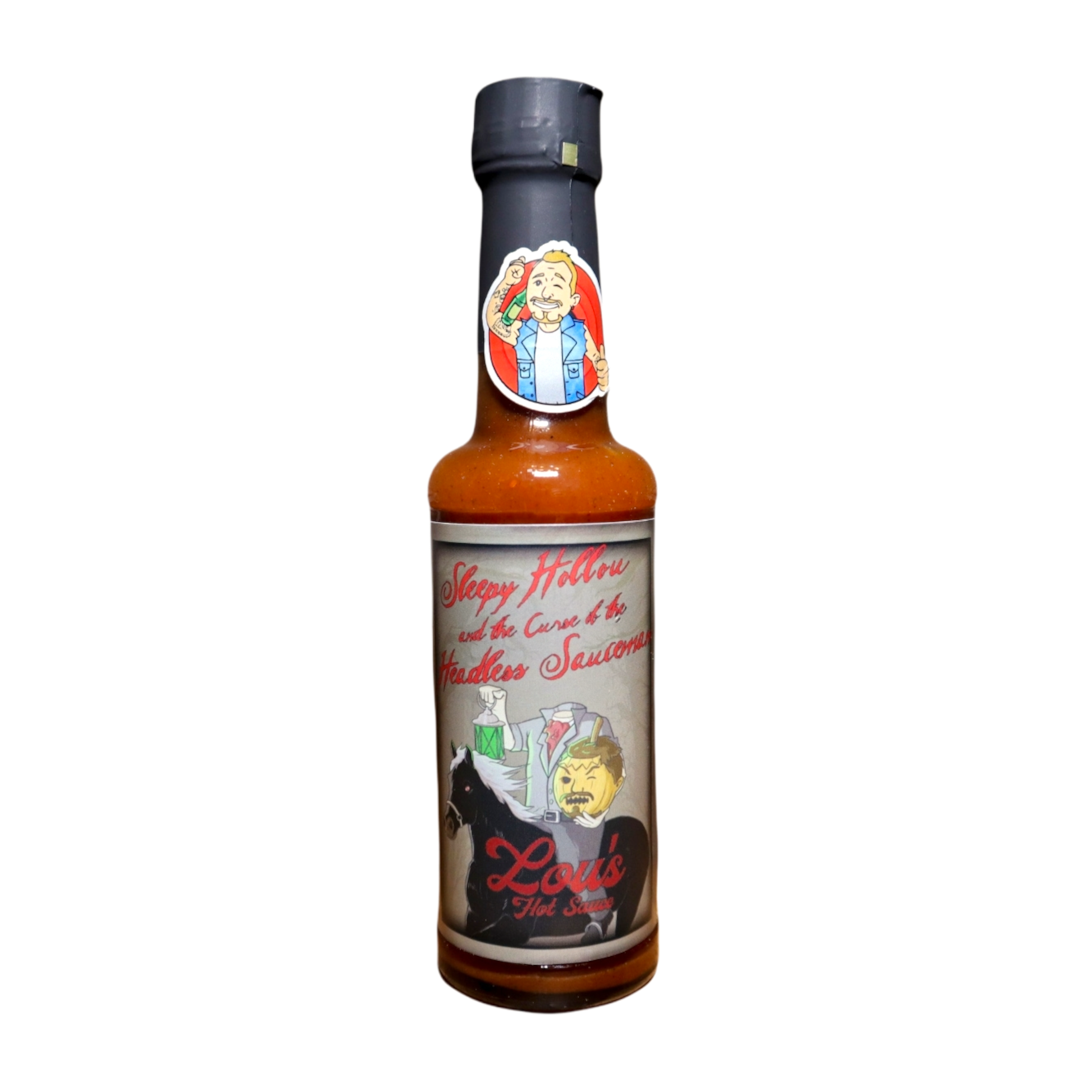 Bottle of Sleepy Hollou & The Curse of the Headless Sauceman Pumpkin Spice Hot Sauce by Lou's Brews, with label and spicy sauce visible.
