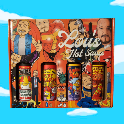 Lou's Brews Springfield Sauces bottle with colorful label, showcasing hot sauce and condiment packaging.