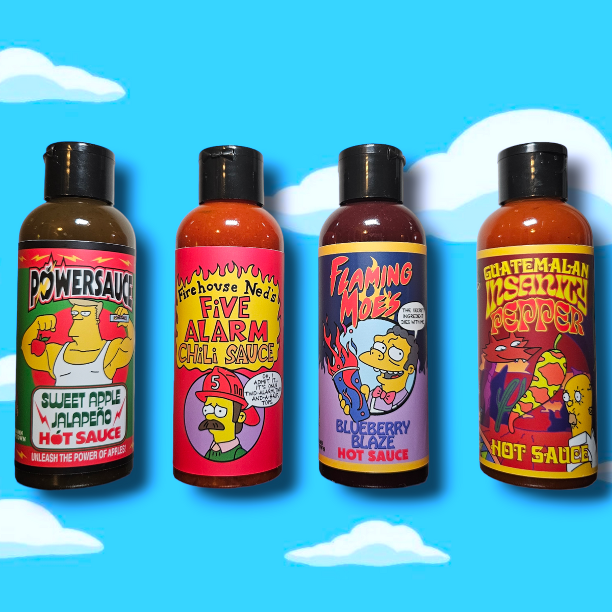 Lou's Brews Springfield Hot Sauces and Condiments displayed in bottles with colorful labels on a wooden surface.