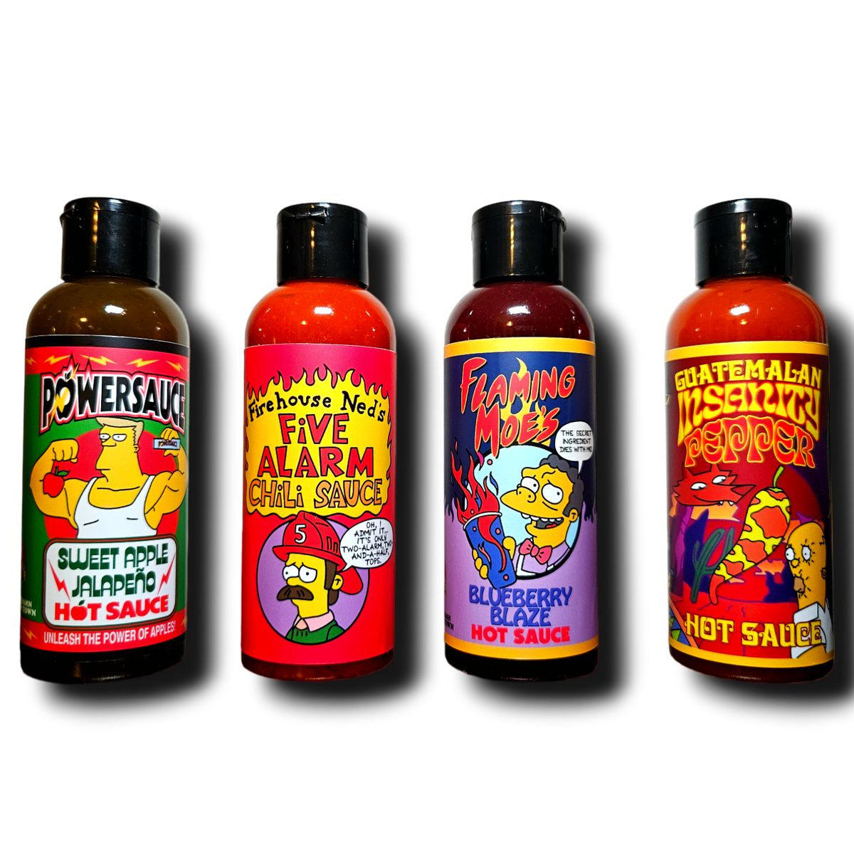 Assorted Lou's Brews Springfield Sauces and hot sauce bottles with vibrant labels on a wooden surface.