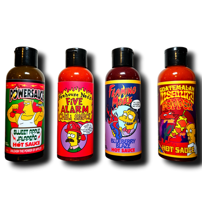 Assorted Lou's Brews Springfield Sauces and hot sauce bottles with vibrant labels on a wooden surface.