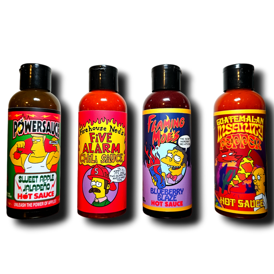 Assorted Lou's Brews Springfield Sauces and hot sauce bottles with vibrant labels on a wooden surface.