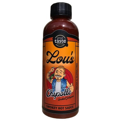 Bottle of Lou's Brews Chipotle Smoked Jalapeno Hot Sauce, with a vibrant label and dark amber sauce visible inside the container.